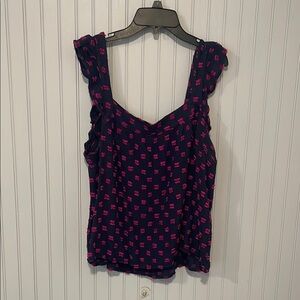 LOFT Pink and Navy Blue Ruffled Tank Top | Large